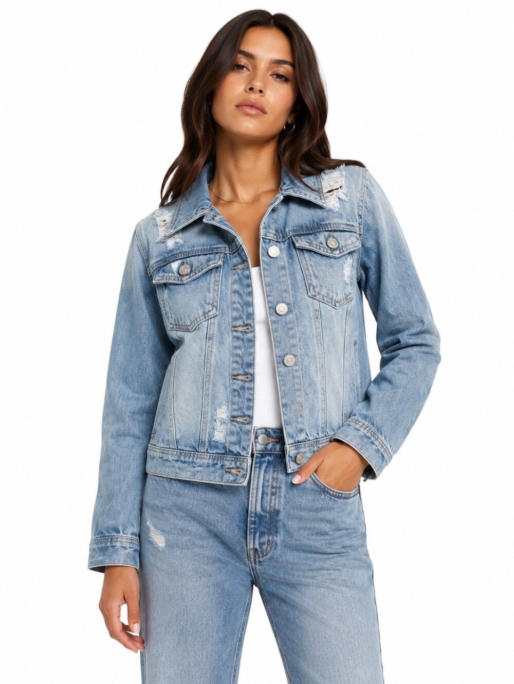 Wax Jeans Women's Light Wash Distressed Cropped Denim Trucker Jacket Size M